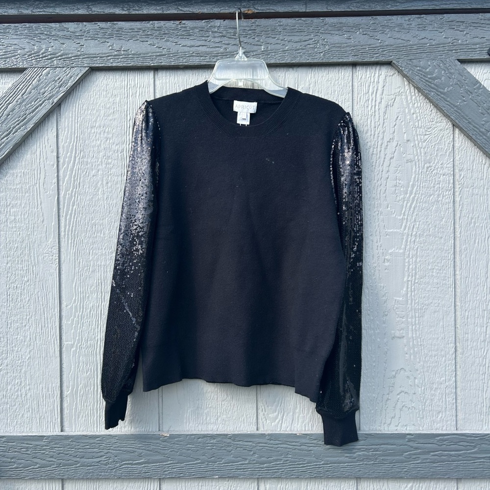 Apricot Black Top with Sequin Sleeves